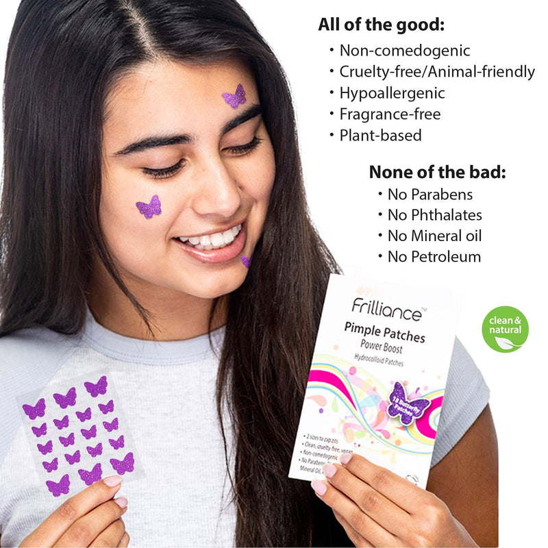 Fiona Frills Skin Care Power Boost Pimple Patches | 18 Purple Sparkly Butterflies Frilliance